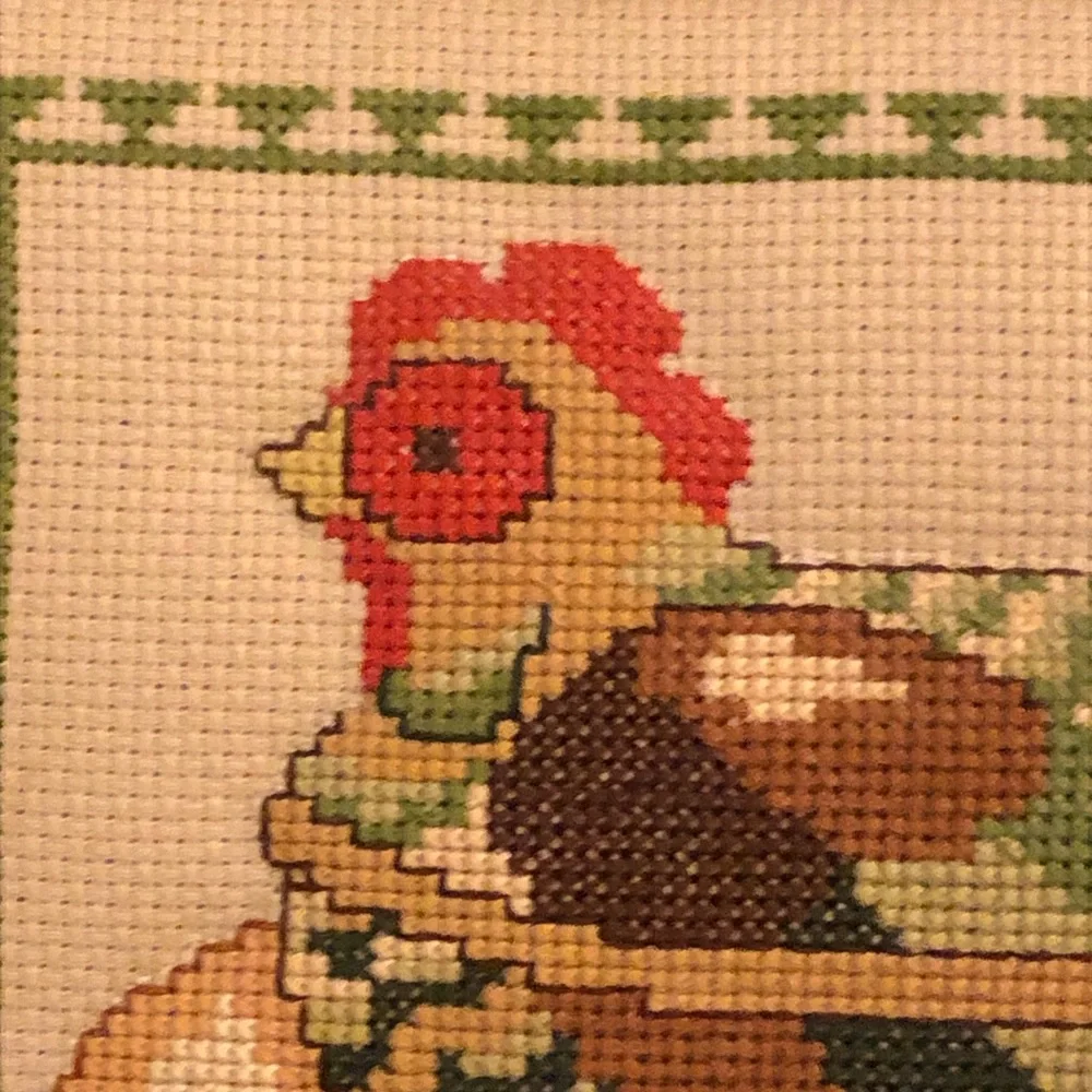 Framed Vintage  Cross-Stitch Nesting Hen with Eggs Rustic Farmhouse Whimsical - Picture 5 of 12